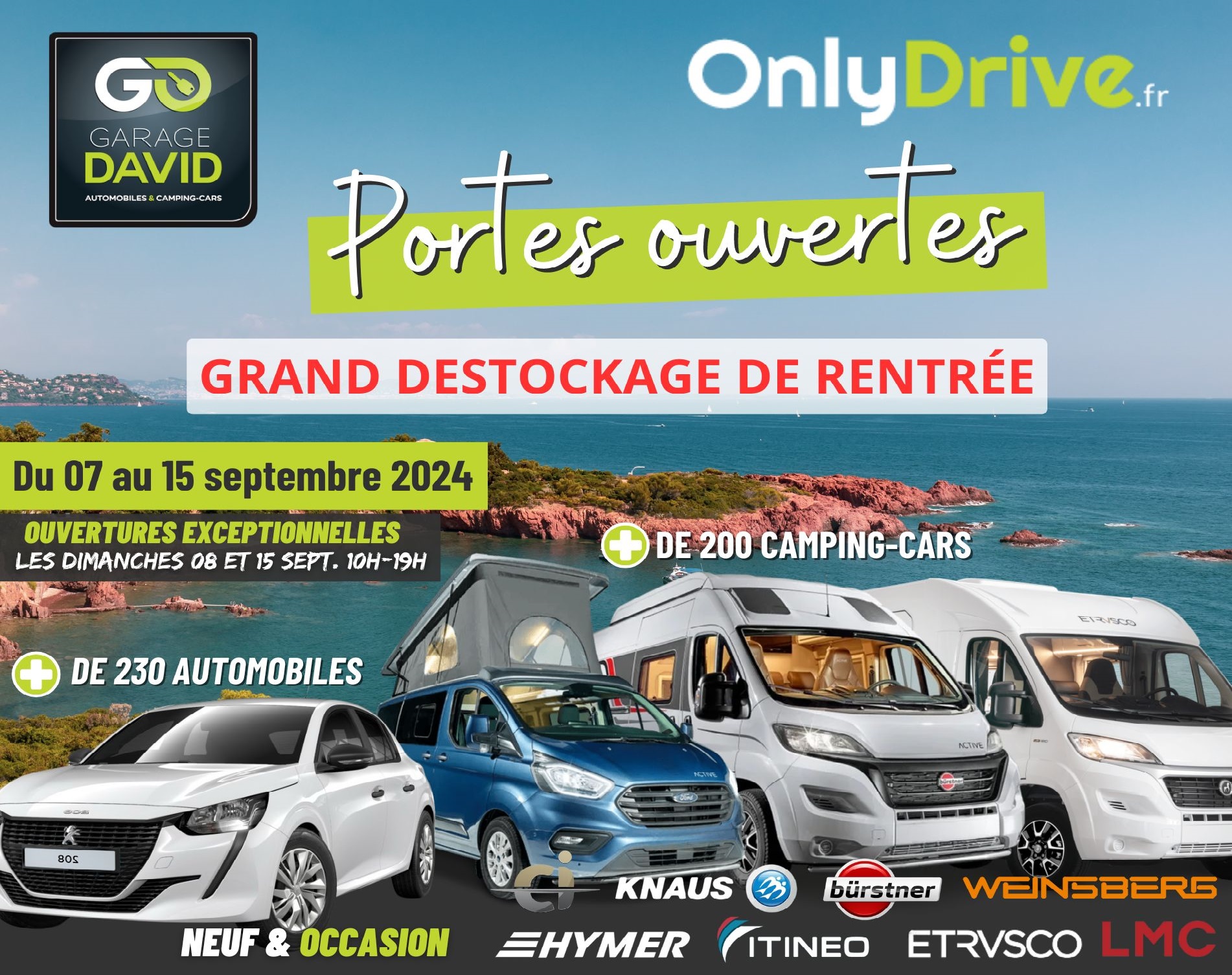 Portes Ouvertes Grand déstockage de rentrée automobile et camping-car du 7 au 15 septembre 2024 au Garage David à Saint Fulgent en Vendée