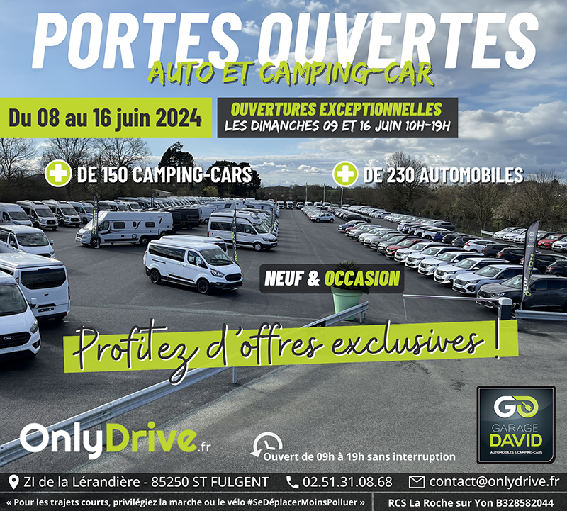 Portes Ouvertes Auto & Camping-car du 8 au 16 juin 2024 au Garage David à Saint Fulgent en Vendée, profitez d'offres exclusives sur des véhicules prêts à partir !